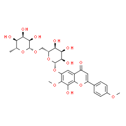 ChemSpider 2D Image | 8-Hydroxy-7-methoxy-2-(4-methoxyphenyl)-4-oxo-4H-chromen-6-yl 6-O-(6-deoxy-beta-D-allopyranosyl)-beta-D-allopyranoside | C29H34O15