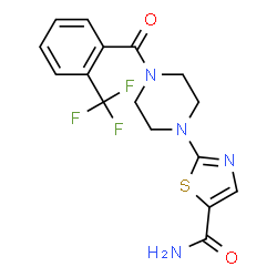 ChemSpider 2D Image | 2-{4-[2-(Trifluoromethyl)benzoyl]-1-piperazinyl}-1,3-thiazole-5-carboxamide | C16H15F3N4O2S