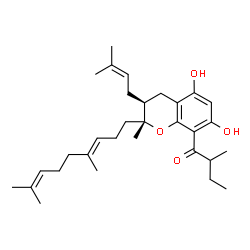 ChemSpider 2D Image | 1-[(2R,3S)-2-[(3E)-4,8-Dimethyl-3,7-nonadien-1-yl]-5,7-dihydroxy-2-methyl-3-(3-methyl-2-buten-1-yl)-3,4-dihydro-2H-chromen-8-yl]-2-methyl-1-butanone | C31H46O4