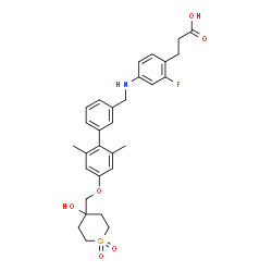 ChemSpider 2D Image | 3-{2-Fluoro-4-[({4'-[(4-hydroxy-1,1-dioxidotetrahydro-2H-thiopyran-4-yl)methoxy]-2',6'-dimethyl-3-biphenylyl}methyl)amino]phenyl}propanoic acid | C30H34FNO6S