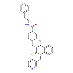 ChemSpider 2D Image | 4-{[2,4-Dioxo-1-(3-pyridinylmethyl)-1,4-dihydro-3(2H)-quinazolinyl]methyl}-N-(2-phenylethyl)cyclohexanecarboxamide | C30H32N4O3