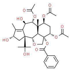 ChemSpider 2D Image | (2aS,3S,5S,5aS,6R,7R,9S,10aS,10bS,10cR)-3,5,6-Triacetoxy-7,9-dihydroxy-10a-(2-hydroxy-2-propanyl)-5a,8-dimethyl-4,5,5a,6,7,9,10,10a,10b,10c-decahydro-2H-1-oxabenzo[cd]cyclopenta[h]azulen-2a(3H)-yl ben
zoate | C33H42O12