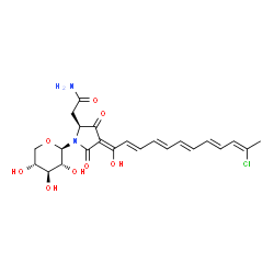 ChemSpider 2D Image | (3Z,5S)-5-(2-Amino-2-oxoethyl)-3-[(2E,4E,6E,8E,10Z)-11-chloro-1-hydroxy-2,4,6,8,10-dodecapentaen-1-ylidene]-1-(beta-D-xylopyranosyl)-2,4-pyrrolidinedione | C23H27ClN2O8