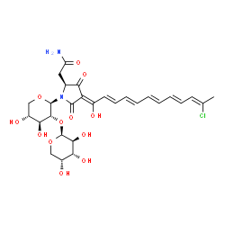 ChemSpider 2D Image | 2,4-Pyrrolidinedione, 5-(2-amino-2-oxoethyl)-1-(2-O-beta-D-arabinopyranosyl-beta-D-xylopyranosyl)-3-[(2E,4E,6E,8E,10Z)-11-chloro-1-hydroxy-2,4,6,8,10-dodecapentaen-1-ylidene]-, (3Z,5S)- | C28H35ClN2O12