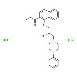 ChemSpider 2D Image | 1-{1-[2-Hydroxy-3-(4-phenyl-1-piperazinyl)propoxy]-2-naphthyl}-1-propanone dihydrochloride | C26H32Cl2N2O3
