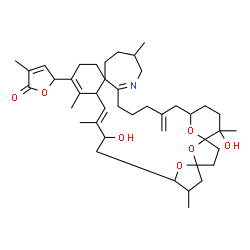 ChemSpider 2D Image | 5-[(10E)-9,32-Dihydroxy-6,10,13,20,32-pentamethyl-27-methylene-33,34,35-trioxa-22-azahexacyclo[27.3.1.1~1,4~.1~4,7~.0~12,17~.0~17,23~]pentatriaconta-10,13,22-trien-14-yl]-3-methyl-2(5H)-furanone | C42H61NO7