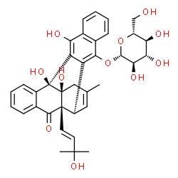 ChemSpider 2D Image | (2S,10S,11S,15R)-2,11,24-Trihydroxy-10-[(1E)-3-hydroxy-3-methyl-1-buten-1-yl]-13-methyl-9-oxohexacyclo[14.8.0.0~2,11~.0~3,8~.0~10,15~.0~18,23~]tetracosa-1(24),3,5,7,13,16,18(23),19,21-nonaen-17-yl bet
a-D-glucopyranoside | C36H38O11