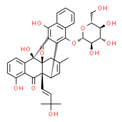 ChemSpider 2D Image | (2S,10S,11S,15R)-2,7,11,24-Tetrahydroxy-10-[(1E)-3-hydroxy-3-methyl-1-buten-1-yl]-13-methyl-9-oxohexacyclo[14.8.0.0~2,11~.0~3,8~.0~10,15~.0~18,23~]tetracosa-1(24),3,5,7,13,16,18(23),19,21-nonaen-17-yl
 beta-D-glucopyranoside | C36H38O12