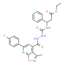 ChemSpider 2D Image | Ethyl 3-{[(2-{[6-(4-fluorophenyl)-3-methyl[1,2]oxazolo[5,4-b]pyridin-4-yl]carbonyl}hydrazino)carbonyl]amino}-3-phenylpropanoate | C26H24FN5O5