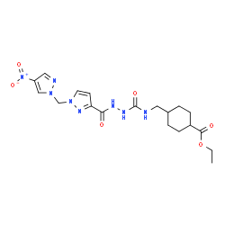 ChemSpider 2D Image | Ethyl 4-[({[2-({1-[(4-nitro-1H-pyrazol-1-yl)methyl]-1H-pyrazol-3-yl}carbonyl)hydrazino]carbonyl}amino)methyl]cyclohexanecarboxylate | C19H26N8O6