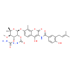 ChemSpider 2D Image | N-{7-[(2,3-Di-O-carbamoyl-6-deoxy-5-methyl-4-O-methyl-beta-D-gulopyranosyl)oxy]-4-hydroxy-8-methyl-2-oxo-2H-chromen-3-yl}-4-hydroxy-3-(3-methyl-2-buten-1-yl)benzamide | C32H37N3O12