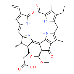 ChemSpider 2D Image | 3-{(2Z,3S,4S)-2-[(5R)-2-[(3-Ethyl-5-formyl-4-methyl-1H-pyrrol-2-yl)methyl]-5-(methoxycarbonyl)-3-methyl-4-oxo-4,5-dihydrocyclopenta[b]pyrrol-6(1H)-ylidene]-4-methyl-5-[(Z)-(3-methyl-5-oxo-4-vinyl-1,5-
dihydro-2H-pyrrol-2-ylidene)methyl]-3,4-dihydro-2H-pyrrol-3-yl}propanoic acid | C35H38N4O7