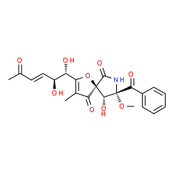ChemSpider 2D Image | (5S,8S,9R)-8-Benzoyl-2-[(1S,2S,3E)-1,2-dihydroxy-5-oxo-3-hexen-1-yl]-9-hydroxy-8-methoxy-3-methyl-1-oxa-7-azaspiro[4.4]non-2-ene-4,6-dione | C22H23NO9