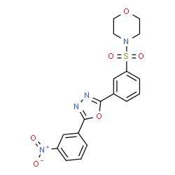 ChemSpider 2D Image | 4-({3-[5-(3-Nitrophenyl)-1,3,4-oxadiazol-2-yl]phenyl}sulfonyl)morpholine | C18H16N4O6S