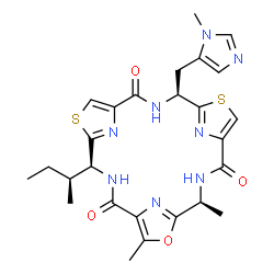 ChemSpider 2D Image | (4S,11S,18S)-11-[(2S)-2-Butanyl]-4,7-dimethyl-18-[(1-methyl-1H-imidazol-5-yl)methyl]-6-oxa-13,20-dithia-3,10,17,22,23,24-hexaazatetracyclo[17.2.1.1~5,8~.1~12,15~]tetracosa-1(21),5(24),7,12(23),14,19(2
2)-hexaene-2,9,16-trione | C26H30N8O4S2