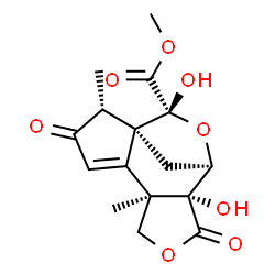 ChemSpider 2D Image | Methyl (1R,2R,6R,10R,11R,13R)-10,13-dihydroxy-2,6-dimethyl-3,9-dioxo-8,12-dioxatetracyclo[9.2.1.0~1,5~.0~6,10~]tetradec-4-ene-13-carboxylate | C16H18O8