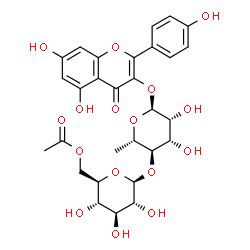 ChemSpider 2D Image | 5,7-Dihydroxy-2-(4-hydroxyphenyl)-4-oxo-4H-chromen-3-yl 4-O-(6-O-acetyl-beta-D-glucopyranosyl)-6-deoxy-alpha-L-mannopyranoside | C29H32O16