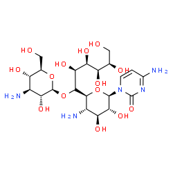 ChemSpider 2D Image | 2(1H)-Pyrimidinone, 4-amino-1-(4-amino-6-O-(3-amino-3-deoxy-beta-D-glucopyranosyl)-4-deoxy-D-glycero-D-galacto-beta-D-gluco-undecopyranosyl)- | C21H37N5O14