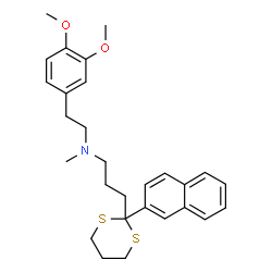 ChemSpider 2D Image | 1,3-Dithiane-2-propanamine, N-(2-(3,4-dimethoxyphenyl)ethyl)-N-methyl-2-(2-naphthalenyl)- | C28H35NO2S2