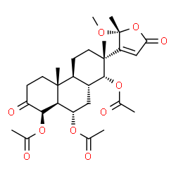ChemSpider 2D Image | (1R,2R,4aS,4bR,8R,8aS,9S,10aR)-2-[(2R)-2-Methoxy-2-methyl-5-oxo-2,5-dihydro-3-furanyl]-2,4b-dimethyl-7-oxotetradecahydrophenanthrene-1,8,9-triyl triacetate | C28H38O10