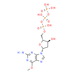 ChemSpider 2D Image | 9-[2-Deoxy-5-O-(hydroxy{[hydroxy(phosphonooxy)phosphoryl]oxy}phosphoryl)-beta-D-erythro-pentofuranosyl]-6-methoxy-9H-purin-2-amine | C11H18N5O13P3