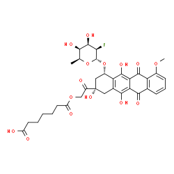 ChemSpider 2D Image | 7-(2-{(2S,4S)-4-[(2,6-Dideoxy-2-fluoro-alpha-L-talopyranosyl)oxy]-2,5,12-trihydroxy-7-methoxy-6,11-dioxo-1,2,3,4,6,11-hexahydro-2-tetracenyl}-2-oxoethoxy)-7-oxoheptanoic acid | C34H37FO15