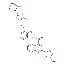 ChemSpider 2D Image | N'-[(Z)-(2-{[2-(2-Chlorophenyl)-5-methyl-1,3-oxazol-4-yl]methoxy}phenyl)methylene]-2-(1-ethyl-5-methyl-1H-pyrazol-4-yl)-4-quinolinecarbohydrazide | C34H29ClN6O3