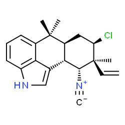 ChemSpider 2D Image | (6aS,8R,9S,10R,10aS)-8-Chloro-10-isocyano-6,6,9-trimethyl-9-vinyl-2,6,6a,7,8,9,10,10a-octahydronaphtho[1,2,3-cd]indole | C21H23ClN2