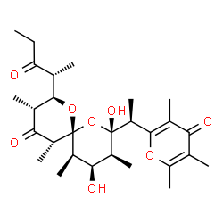ChemSpider 2D Image | (2R,3R,5R,6R,8S,9S,10R,11R)-8,10-Dihydroxy-3,5,9,11-tetramethyl-2-[(2R)-3-oxo-2-pentanyl]-8-[(1S)-1-(3,5,6-trimethyl-4-oxo-4H-pyran-2-yl)ethyl]-1,7-dioxaspiro[5.5]undecan-4-one | C28H42O8