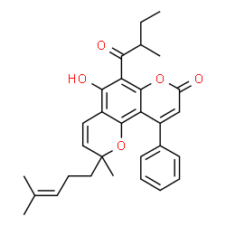 ChemSpider 2D Image | 5-Hydroxy-2-methyl-6-(2-methylbutanoyl)-2-(4-methyl-3-penten-1-yl)-10-phenyl-2H,8H-pyrano[2,3-f]chromen-8-one | C30H32O5