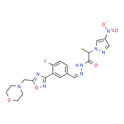 ChemSpider 2D Image | N'-[(Z)-{4-Fluoro-3-[5-(4-morpholinylmethyl)-1,2,4-oxadiazol-3-yl]phenyl}methylene]-2-(4-nitro-1H-pyrazol-1-yl)propanehydrazide | C20H21FN8O5