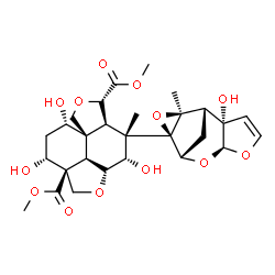 ChemSpider 2D Image | Dimethyl (2aR,3S,4S,4aR,5S,7aS,8S,10R,10aS,10bR)-3,8,10-trihydroxy-4-[(1S,2S,6S,8S,9R,11S)-2-hydroxy-11-methyl-5,7,10-trioxatetracyclo[6.3.1.0~2,6~.0~9,11~]dodec-3-en-9-yl]-4-methyloctahydro-1H-furo[3',4':4,4a]naphtho[1,8-bc]furan-5,10a(8H)-dicarboxylate | C28H36O13