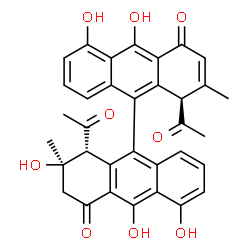 ChemSpider 2D Image | (1R,1'R,2R)-1,1'-Diacetyl-2,5,5',10,10'-pentahydroxy-2,2'-dimethyl-2,3-dihydro-9,9'-bianthracene-4,4'(1H,1'H)-dione | C34H28O9