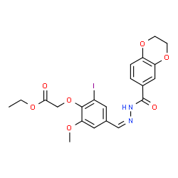 ChemSpider 2D Image | Ethyl (4-{(Z)-[(2,3-dihydro-1,4-benzodioxin-6-ylcarbonyl)hydrazono]methyl}-2-iodo-6-methoxyphenoxy)acetate | C21H21IN2O7