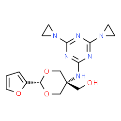 ChemSpider 2D Image | [cis-5-{[4,6-Bis(1-aziridinyl)-1,3,5-triazin-2-yl]amino}-2-(2-furyl)-1,3-dioxan-5-yl]methanol | C16H20N6O4