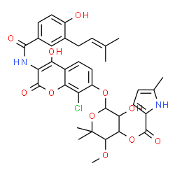 ChemSpider 2D Image | 6-[(8-Chloro-4-hydroxy-3-{[4-hydroxy-3-(3-methyl-2-buten-1-yl)benzoyl]amino}-2-oxo-2H-chromen-7-yl)oxy]-5-hydroxy-3-methoxy-2,2-dimethyltetrahydro-2H-pyran-4-yl 5-methyl-1H-pyrrole-2-carboxylate (non-
preferred name) | C35H37ClN2O11