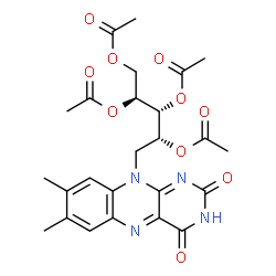ChemSpider 2D Image | 1,2,3,4-Tetra-O-acetyl-5-deoxy-5-(7,8-dimethyl-2,4-dioxo-3,4-dihydrobenzo[g]pteridin-10(2H)-yl)-D-ribitol | C25H28N4O10