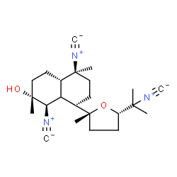 ChemSpider 2D Image | (1R,2R,4aS,5S,8S)-1,5-Diisocyano-8-[(2R,5S)-5-(2-isocyano-2-propanyl)-2-methyltetrahydro-2-furanyl]-2,5-dimethyldecahydro-2-naphthalenol | C23H33N3O2