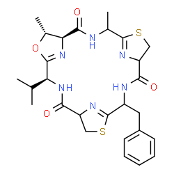 ChemSpider 2D Image | (4S,7R,8S)-18-Benzyl-4-isopropyl-7,11-dimethyl-6-oxa-13,20-dithia-3,10,17,22,23,24-hexaazatetracyclo[17.2.1.1~5,8~.1~12,15~]tetracosa-5(24),12(23),19(22)-triene-2,9,16-trione | C27H34N6O4S2
