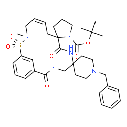 ChemSpider 2D Image | 2-Methyl-2-propanyl (10'Z)-1-benzyl-13'-methyl-2',7'-dioxo-1''H-dispiro[piperidine-4,5'-[14]thia[3,6,13]triazabicyclo[13.3.1]nonadeca[1(19),10,15,17]tetraene-8',2''-pyrrolidine]-1''-carboxylate 14',14
'-dioxide | C35H47N5O6S