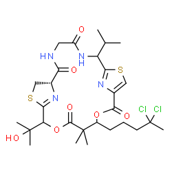 ChemSpider 2D Image | (1S)-14-(4,4-Dichloropentyl)-18-(2-hydroxy-2-propanyl)-7-isopropyl-15,15-dimethyl-13,17-dioxa-9,20-dithia-3,6,22,23-tetraazatricyclo[17.2.1.1~8,11~]tricosa-8(23),10,19(22)-triene-2,5,12,16-tetrone | C28H40Cl2N4O7S2