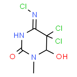 ChemSpider 2D Image | 5,5-Dichloro-4-(chloroamino)-6-hydroxy-1-methyl-5,6-dihydro-2(1H)-pyrimidinone | C5H6Cl3N3O2