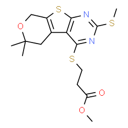 ChemSpider 2D Image | Methyl 3-{[6,6-dimethyl-2-(methylsulfanyl)-5,8-dihydro-6H-pyrano[4',3':4,5]thieno[2,3-d]pyrimidin-4-yl]sulfanyl}propanoate | C16H20N2O3S3