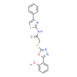 ChemSpider 2D Image | 2-{[5-(2-Methoxyphenyl)-1,3,4-oxadiazol-2-yl]sulfanyl}-N-(4-phenyl-1,3-thiazol-2-yl)acetamide | C20H16N4O3S2