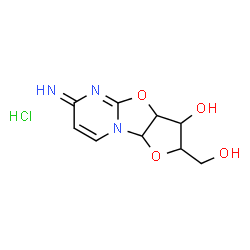 ChemSpider 2D Image | 2-(Hydroxymethyl)-6-imino-2,3,3a,9a-tetrahydro-6H-furo[2',3':4,5][1,3]oxazolo[3,2-a]pyrimidin-3-ol hydrochloride (1:1) | C9H12ClN3O4