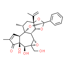 ChemSpider 2D Image | (1R,2R,6S,7S,8R,10S,11S,12R,14S,16R,18R)-6,7-Dihydroxy-8-(hydroxymethyl)-16-isopropenyl-4,18-dimethyl-14-phenyl-9,13,15,19-tetraoxahexacyclo[12.4.1.0~1,11~.0~2,6~.0~8,10~.0~12,16~]nonadec-3-en-5-one | C27H30O8