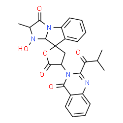 ChemSpider 2D Image | 1'-Hydroxy-4-(2-isobutyryl-4-oxo-3(4H)-quinazolinyl)-2'-methyl-1',9a'-dihydro-3H-spiro[furan-2,9'-imidazo[1,2-a]indole]-3',5(2'H,4H)-dione | C26H24N4O6