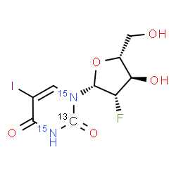 ChemSpider 2D Image | 1-(2-Deoxy-2-fluoro-beta-D-arabinofuranosyl)-5-iodo-2,4(1H,3H)-(2-~13~C,~15~N_2_)pyrimidinedione | C813CH10FI15N2O5