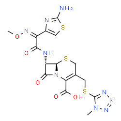 ChemSpider 2D Image | (6R,7S)-7-{[(2Z)-2-(2-Amino-1,3-thiazol-4-yl)-2-(methoxyimino)acetyl]amino}-3-{[(1-methyl-1H-tetrazol-5-yl)sulfanyl]methyl}-8-oxo-5-thia-1-azabicyclo[4.2.0]oct-2-ene-2-carboxylic acid | C16H17N9O5S3