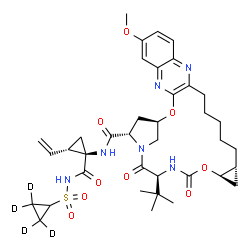 ChemSpider 2D Image | (1R,18R,20R,24S,27S)-N-[(1R,2S)-1-{[(2,2,3,3-~2~H_4_)Cyclopropylsulfonyl]carbamoyl}-2-vinylcyclopropyl]-7-methoxy-24-(2-methyl-2-propanyl)-22,25-dioxo-2,21-dioxa-4,11,23,26-tetraazapentacyclo[24.2.1.0
~3,12~.0~5,10~.0~18,20~]nonacosa-3(12),4,6,8,10-pentaene-27-carboxamide | C38H46D4N6O9S